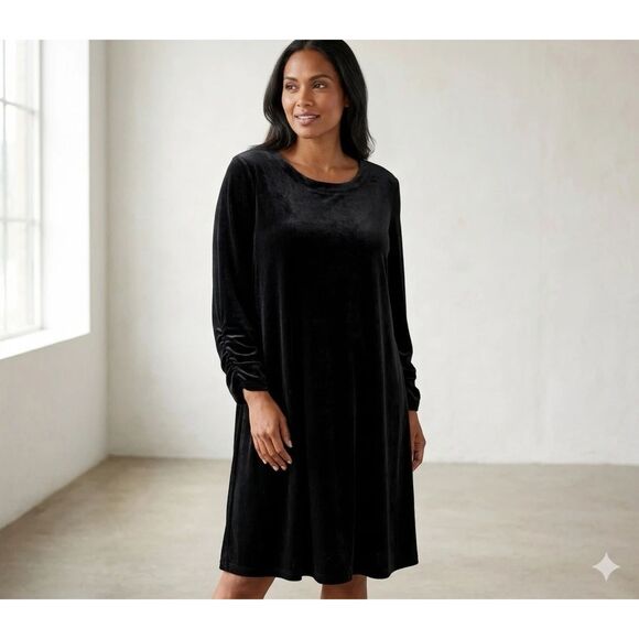 Susan Graver Dresses & Skirts - Susan Graver Dress Womens 2X Black Velvet Midi Shift Velour Dark Romantic Soft